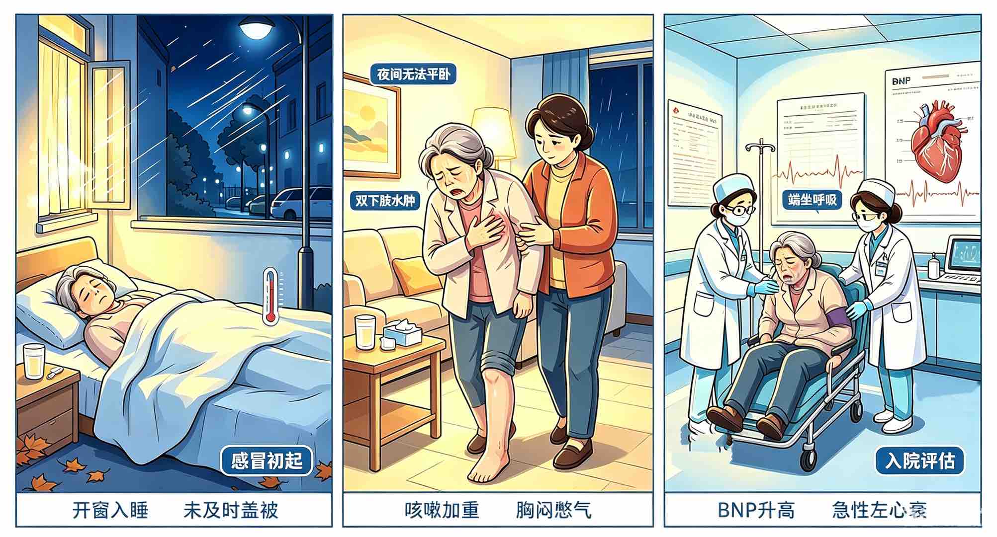 温差受凉感冒，诱发急性心力衰竭案例（图片由AI生成）